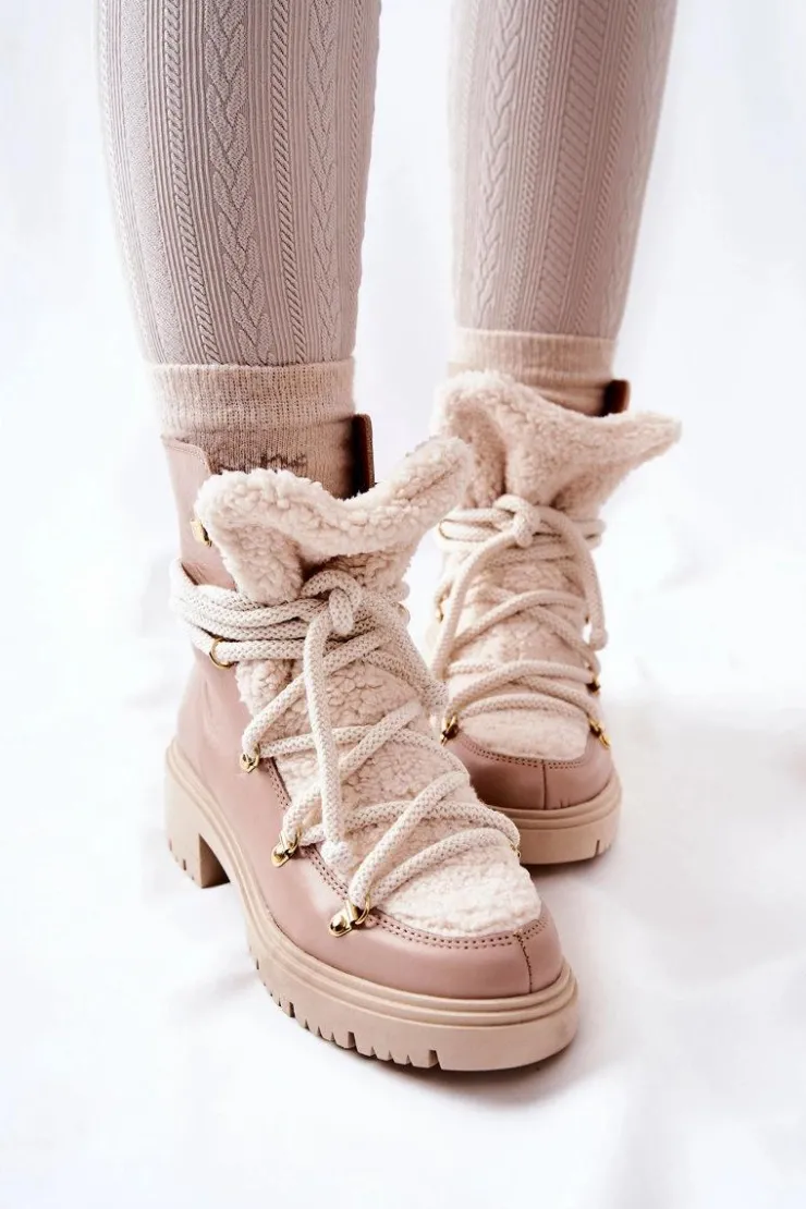 Boto Damskie Trapery|Botki Skórzane*Skórzane Botki Trapery Wiązane Lewski Beżowe 3116