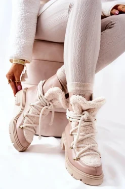 Boto Damskie Trapery|Botki Skórzane*Skórzane Botki Trapery Wiązane Lewski Beżowe 3116