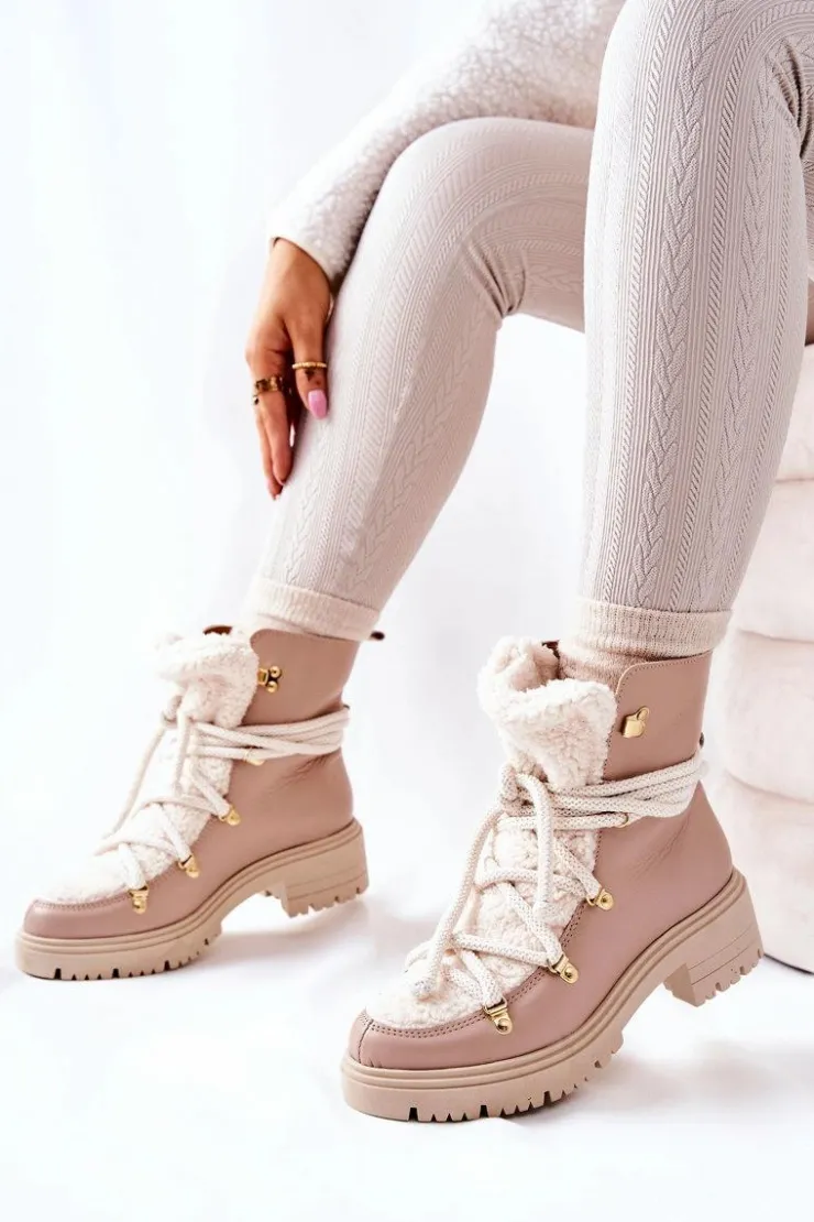 Boto Damskie Trapery|Botki Skórzane*Skórzane Botki Trapery Wiązane Lewski Beżowe 3116