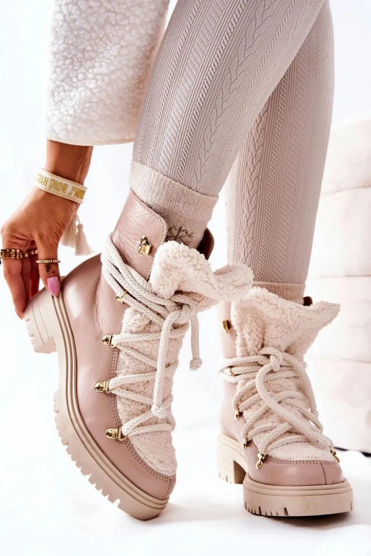 Boto Damskie Trapery|Botki Skórzane*Skórzane Botki Trapery Wiązane Lewski Beżowe 3116