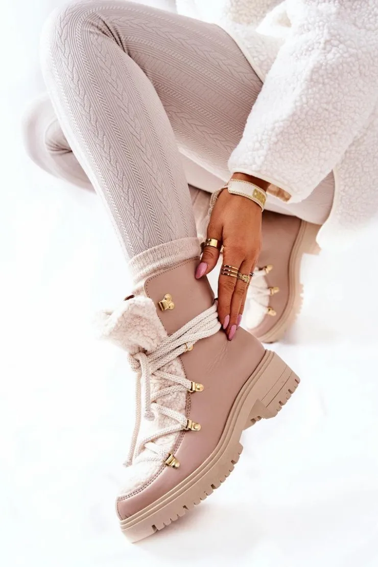 Boto Damskie Trapery|Botki Skórzane*Skórzane Botki Trapery Wiązane Lewski Beżowe 3116