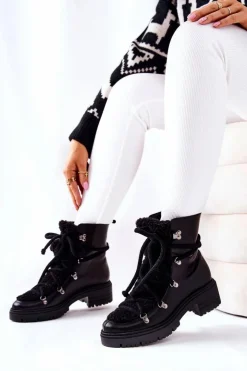 Damskie Boto Skórzane Botki Trapery Wiązane Lewski Czarne 3116