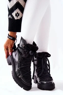 Damskie Boto Skórzane Botki Trapery Wiązane Lewski Czarne 3116
