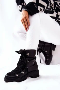 Damskie Boto Skórzane Botki Trapery Wiązane Lewski Czarne 3116