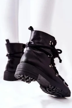 Damskie Boto Skórzane Botki Trapery Wiązane Lewski Czarne 3116