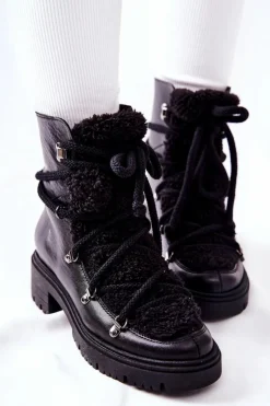 Damskie Boto Skórzane Botki Trapery Wiązane Lewski Czarne 3116