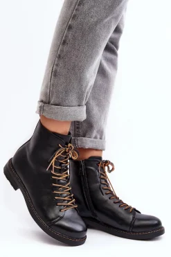 Buty damskie Vinceza Czarne Botki|Botki Płaskie*Skórzane Botki Trzewiki Damskie Czarne Ethel