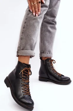 Buty damskie Vinceza Czarne Botki|Botki Płaskie*Skórzane Botki Trzewiki Damskie Czarne Ethel