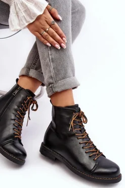 Buty damskie Vinceza Czarne Botki|Botki Płaskie*Skórzane Botki Trzewiki Damskie Czarne Ethel