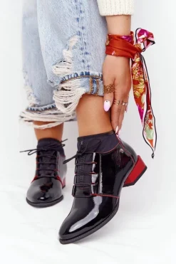 Damskie Maciejka Skórzane Botki Trzewiki 04744-16 Czarno-Czerwone