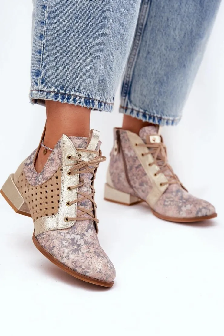 Damskie Maciejka Skórzane Botki Trzewiki 05541-04 Beżowo-Złote