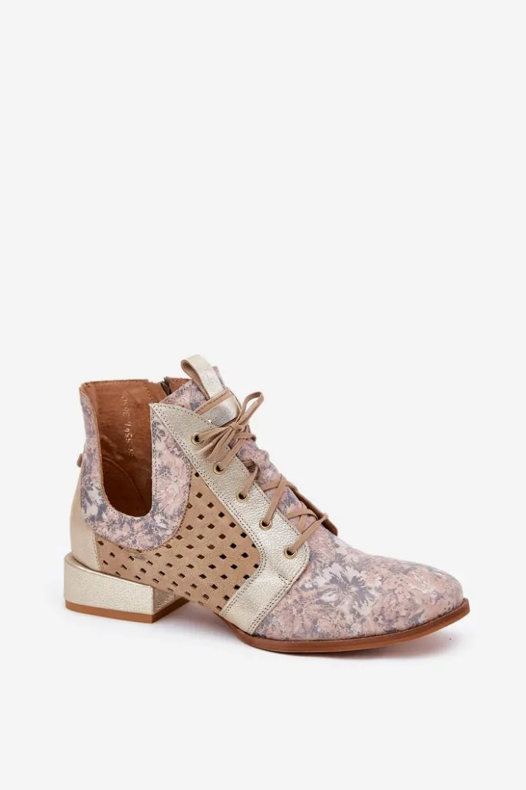 Damskie Maciejka Skórzane Botki Trzewiki 05541-04 Beżowo-Złote