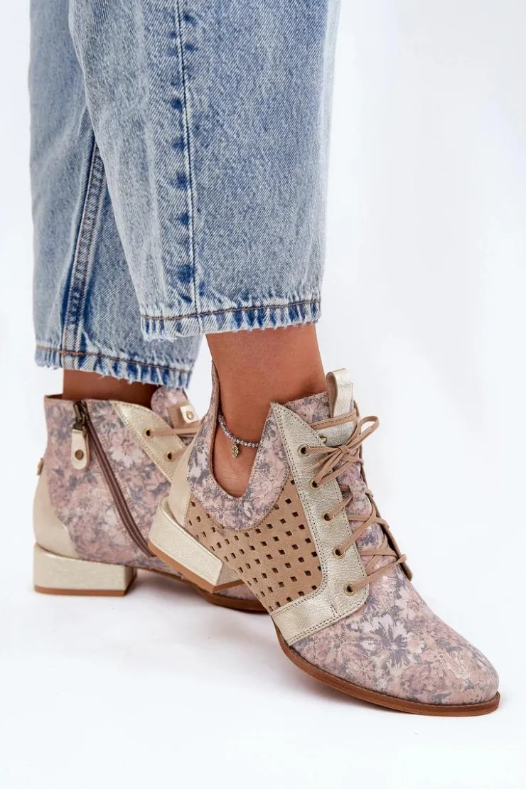 Damskie Maciejka Skórzane Botki Trzewiki 05541-04 Beżowo-Złote