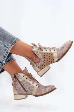 Damskie Maciejka Skórzane Botki Trzewiki 05541-04 Beżowo-Złote