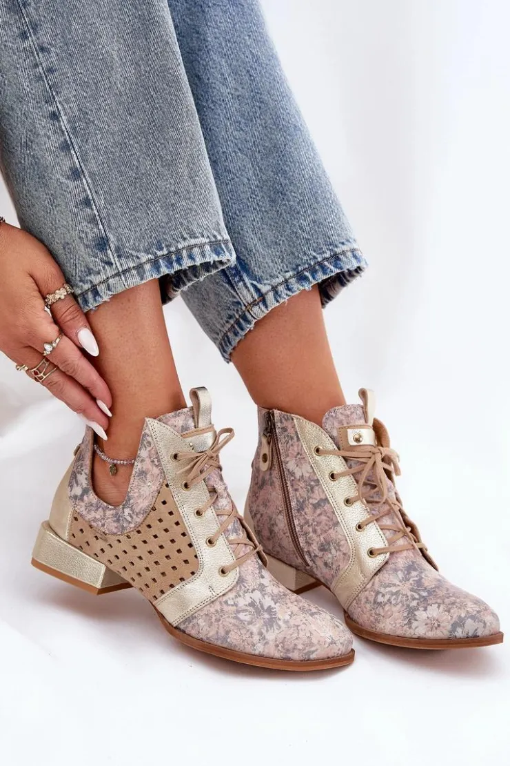 Damskie Maciejka Skórzane Botki Trzewiki 05541-04 Beżowo-Złote