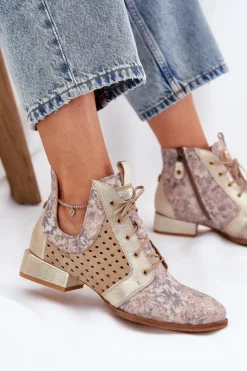 Damskie Maciejka Skórzane Botki Trzewiki 05541-04 Beżowo-Złote