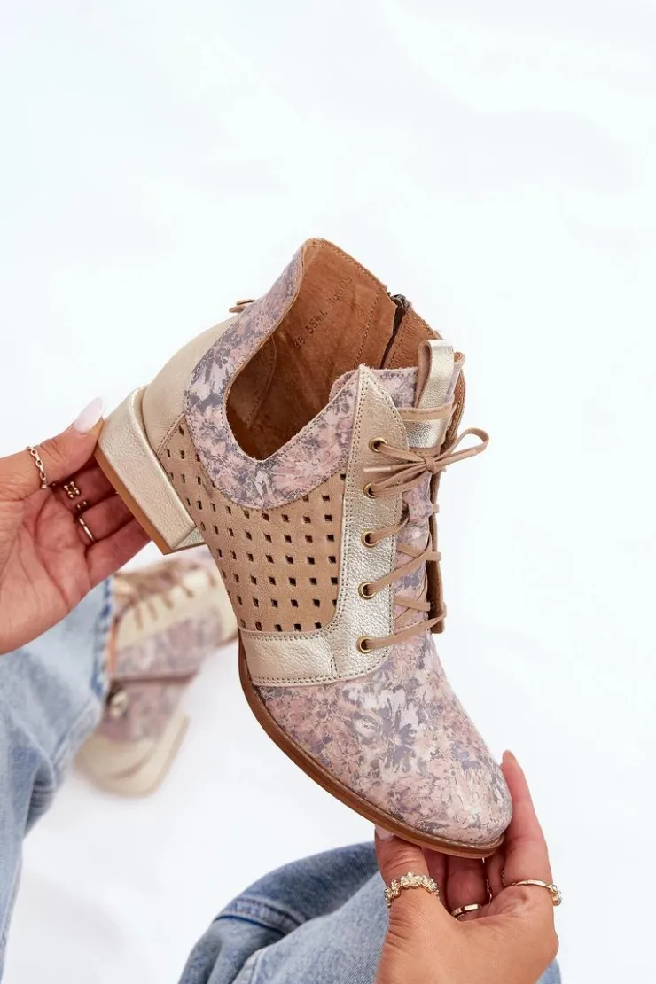 Damskie Maciejka Skórzane Botki Trzewiki 05541-04 Beżowo-Złote