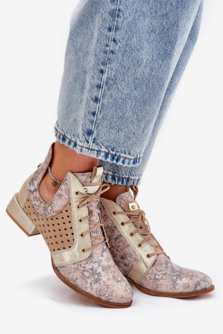 Damskie Maciejka Skórzane Botki Trzewiki 05541-04 Beżowo-Złote