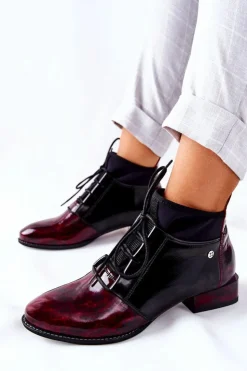 Clearance Maciejka Skórzane Botki Trzewiki Marmurki Bordowe 04744-29