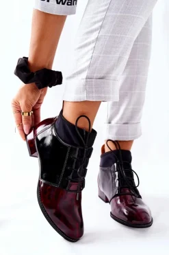 Clearance Maciejka Skórzane Botki Trzewiki Marmurki Bordowe 04744-29