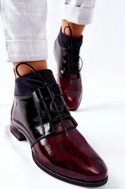 Clearance Maciejka Skórzane Botki Trzewiki Marmurki Bordowe 04744-29