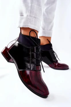 Clearance Maciejka Skórzane Botki Trzewiki Marmurki Bordowe 04744-29