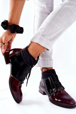 Clearance Maciejka Skórzane Botki Trzewiki Marmurki Bordowe 04744-29