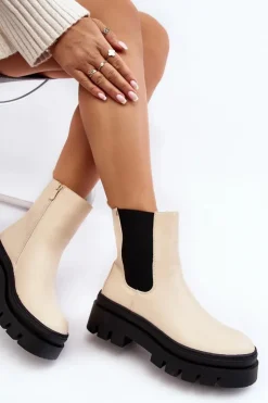 Clearance Buty damskie Vinceza Skórzane Botki Workery Beżowe Loretta