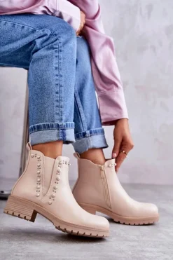 Boto Skórzane Botki Workery Beżowe Ferra