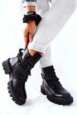 Boto Damskie Trapery|Botki Sznurowane*Skórzane Botki Workery Czarne Izzy