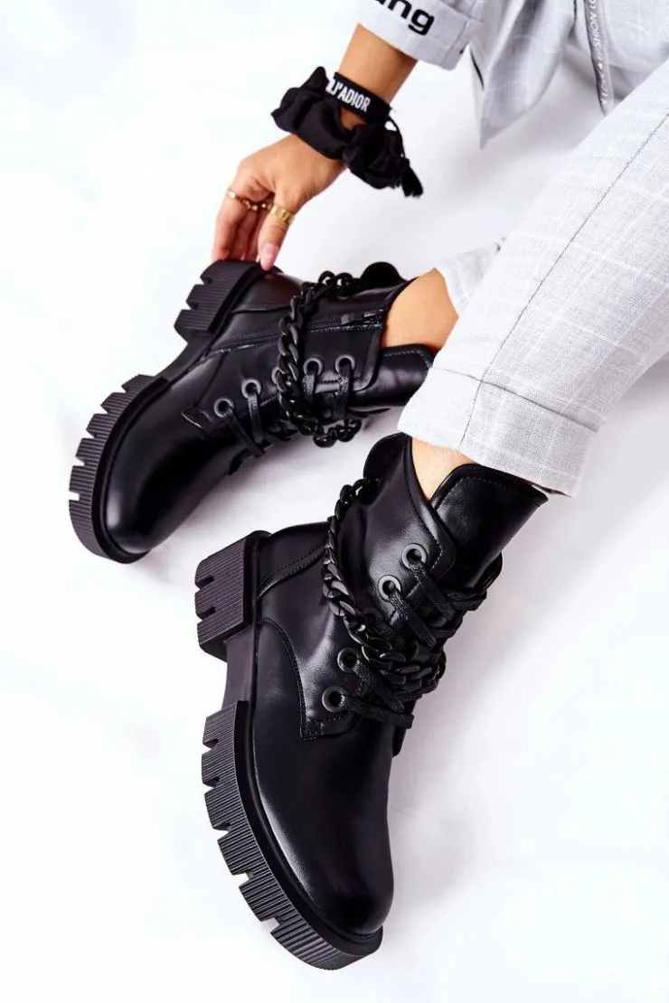 Boto Damskie Trapery|Botki Sznurowane*Skórzane Botki Workery Czarne Izzy