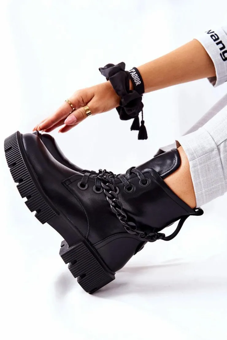 Boto Damskie Trapery|Botki Sznurowane*Skórzane Botki Workery Czarne Izzy