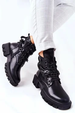 Boto Damskie Trapery|Botki Sznurowane*Skórzane Botki Workery Czarne Izzy