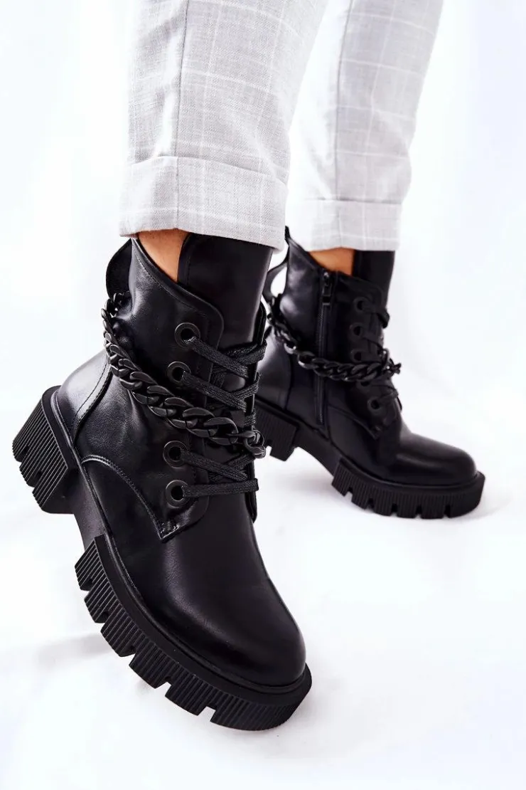 Boto Damskie Trapery|Botki Sznurowane*Skórzane Botki Workery Czarne Izzy