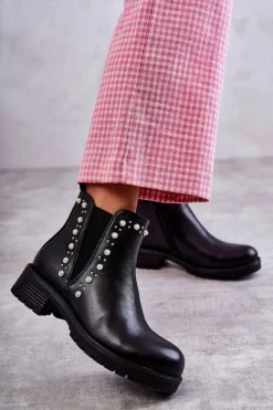 Outlet Boto Skórzane Botki Workery Czarne Ferra