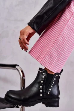 Outlet Boto Skórzane Botki Workery Czarne Ferra