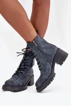 Artiker Botki Ocieplane|Botki Skórzane*Skórzane Botki Workery Damskie Na Klocku Z Ozdobnym Detalem 57C0212 e Niebieski