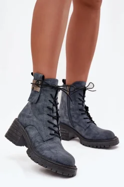 Artiker Botki Ocieplane|Botki Skórzane*Skórzane Botki Workery Damskie Na Klocku Z Ozdobnym Detalem 57C0212 e Niebieski