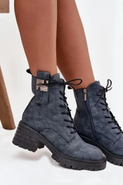 Artiker Botki Ocieplane|Botki Skórzane*Skórzane Botki Workery Damskie Na Klocku Z Ozdobnym Detalem 57C0212 e Niebieski