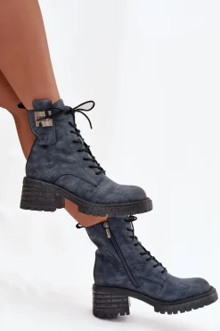 Artiker Botki Ocieplane|Botki Skórzane*Skórzane Botki Workery Damskie Na Klocku Z Ozdobnym Detalem 57C0212 e Niebieski