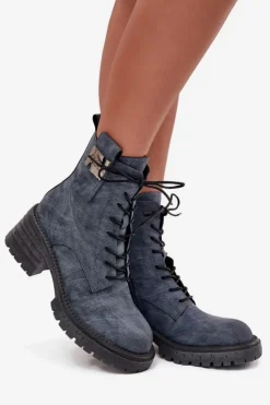 Artiker Botki Ocieplane|Botki Skórzane*Skórzane Botki Workery Damskie Na Klocku Z Ozdobnym Detalem 57C0212 e Niebieski