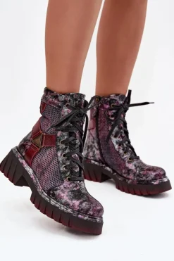 Maciejka Botki Maciejka|Botki Sznurowane*Skórzane Botki Workery Damskie 07072-23 Bordowe Czerwony