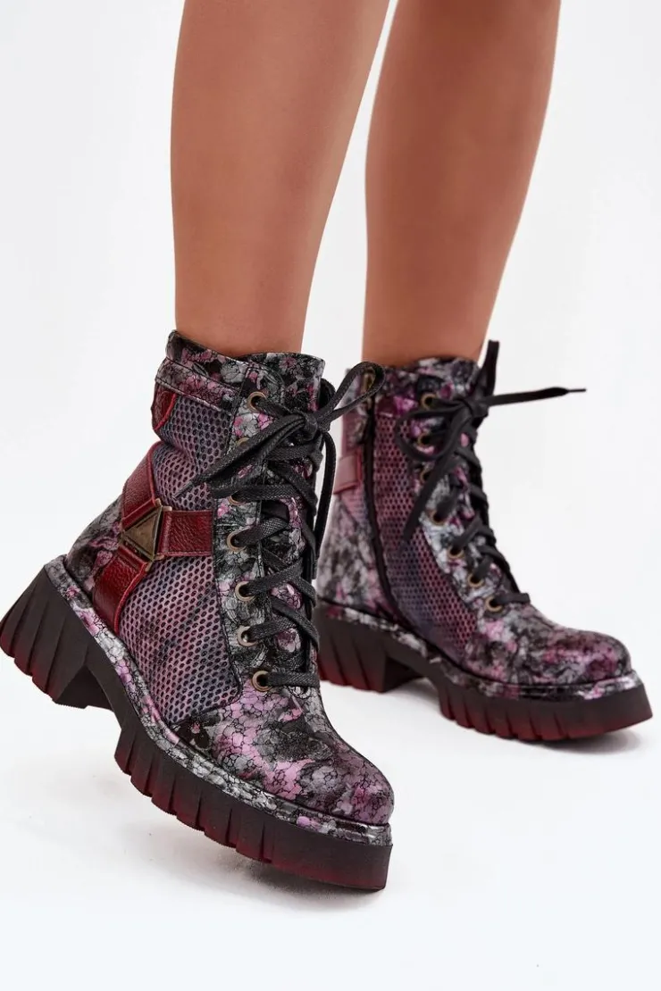 Maciejka Botki Maciejka|Botki Sznurowane*Skórzane Botki Workery Damskie 07072-23 Bordowe Czerwony