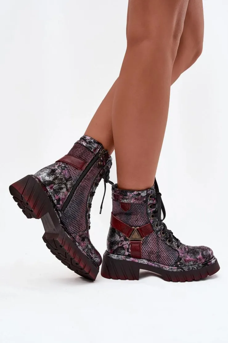 Maciejka Botki Maciejka|Botki Sznurowane*Skórzane Botki Workery Damskie 07072-23 Bordowe Czerwony