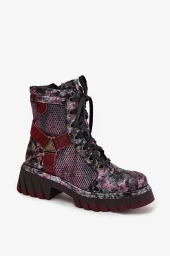 Maciejka Botki Maciejka|Botki Sznurowane*Skórzane Botki Workery Damskie 07072-23 Bordowe Czerwony