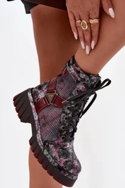 Maciejka Botki Maciejka|Botki Sznurowane*Skórzane Botki Workery Damskie 07072-23 Bordowe Czerwony