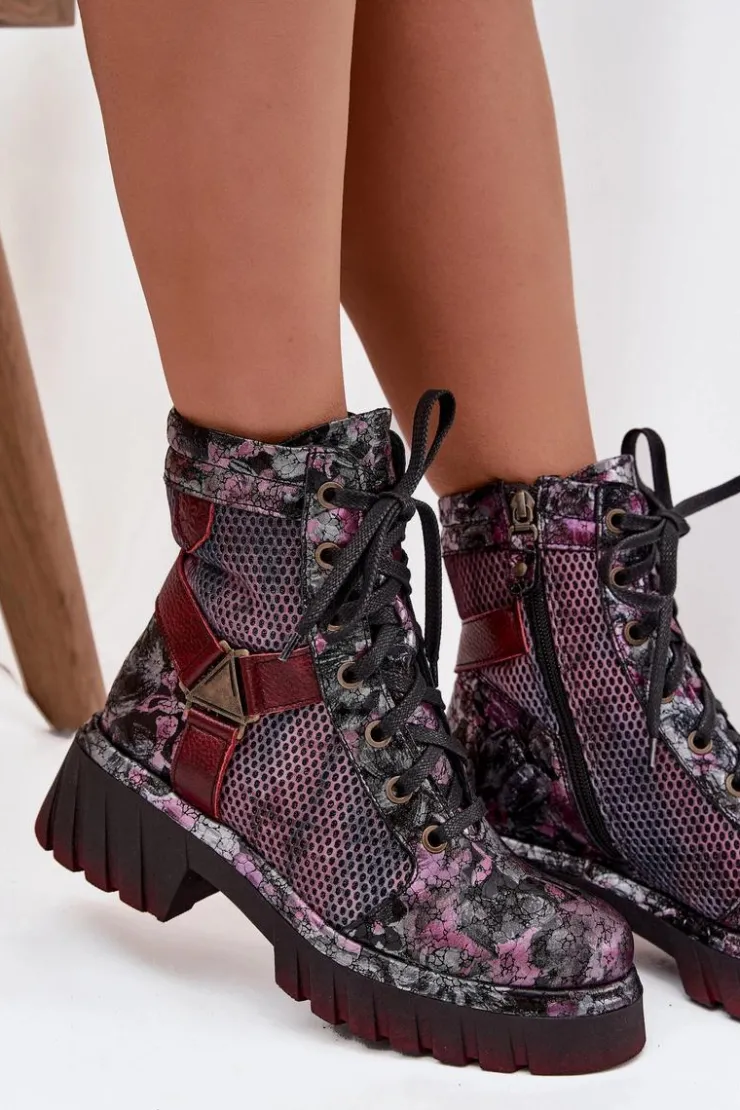 Maciejka Botki Maciejka|Botki Sznurowane*Skórzane Botki Workery Damskie 07072-23 Bordowe Czerwony