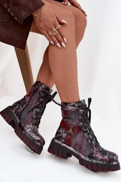 Maciejka Botki Maciejka|Botki Sznurowane*Skórzane Botki Workery Damskie 07072-23 Bordowe Czerwony