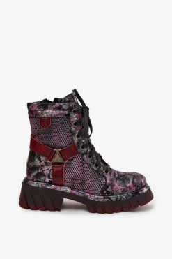 Maciejka Botki Maciejka|Botki Sznurowane*Skórzane Botki Workery Damskie 07072-23 Bordowe Czerwony