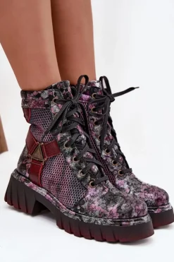 Maciejka Botki Maciejka|Botki Sznurowane*Skórzane Botki Workery Damskie 07072-23 Bordowe Czerwony